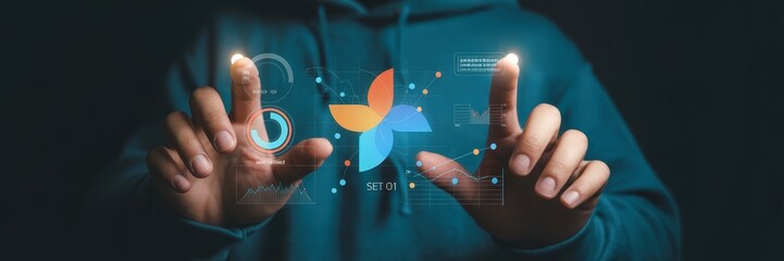 Person interacting with a holographic interface.