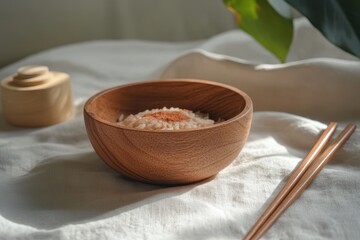 Fototapeta premium Wooden bowl filled with rice on a light tablecloth.