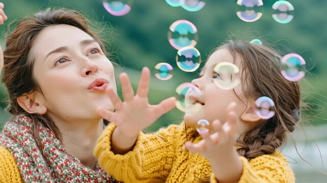 A joyful mother and daughter share a playful moment outdoors, blowing bubbles and enjoying life together in nature.