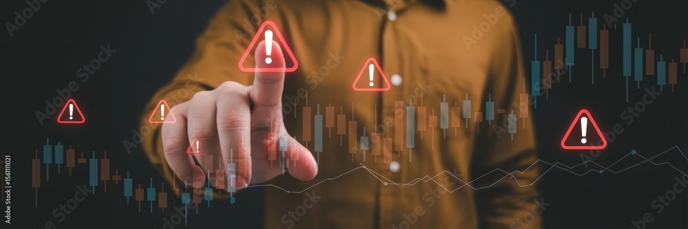 Poster person interacting with a warning graph interface.