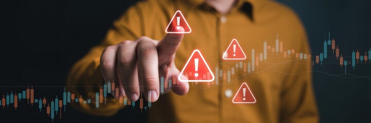 Person interacting with a digital warning system overlaid on a financial chart.