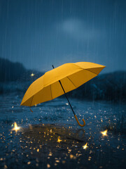 Solitary Yellow Umbrella Under a Rainy Night Sky