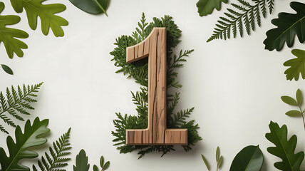 Wooden Number One Surrounded by Lush Green Leaves Nature's First Place
