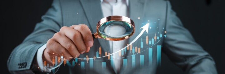 A hand holding a magnifying glass over a financial graph.