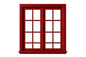 Obraz premium Classic Red Wooden Window with Multiple Panes on a Neutral Background