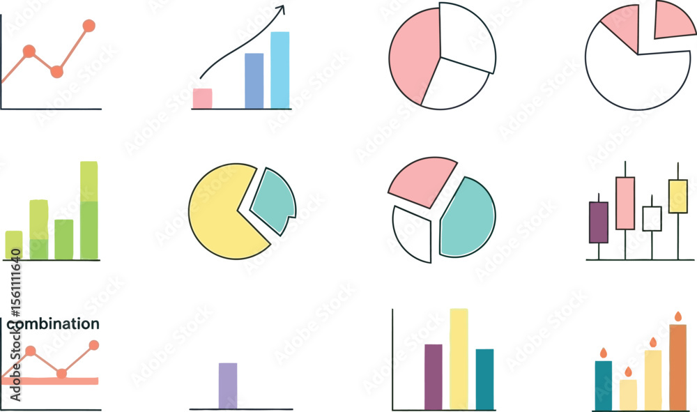 Poster illustration of various types of charts and graphs on a light background