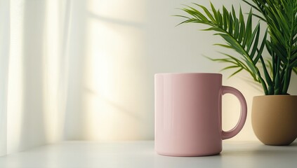 Pink mug on white surface, sunlight through sheer curtains, and a small plant