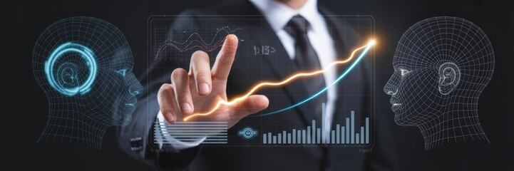 Businessperson interacts with a futuristic interface displaying growth charts and a digital human head.