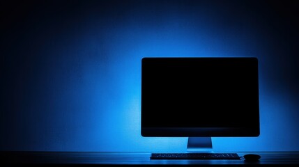 A computer monitor in a dimly lit room.