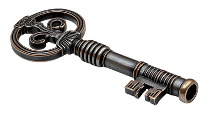 Ornate antique metal key with intricate scrollwork and detailed bit isolated on transparent background