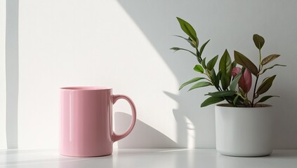 A pale pink mug sits beside a small potted plant on a white surface, bathed in sunlight