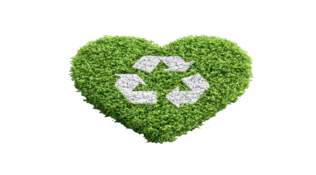 Heart-shaped green grass with a white recycling symbol