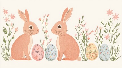 Obraz premium Two pastel bunnies with decorated eggs in a floral border.