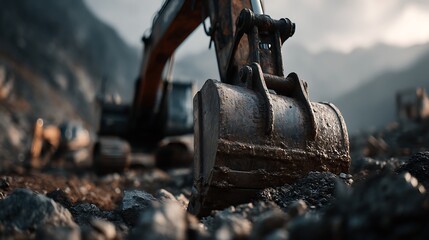 Excavator bucket digs ground