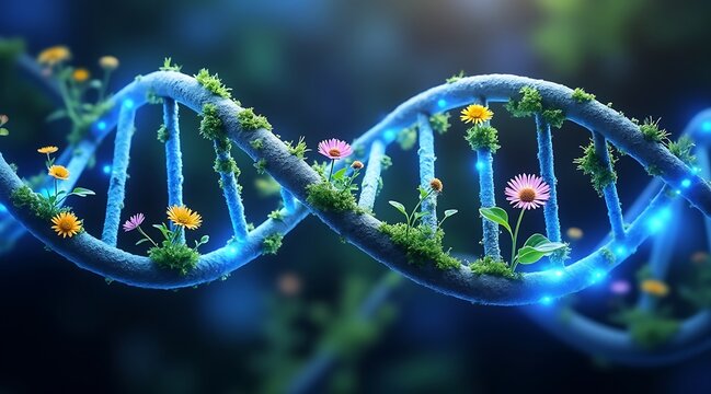 Dna helix with flowers and moss: genetic engineering and biotechnology concept