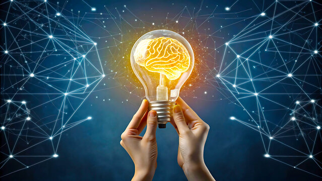 Creative idea: brain in light bulb with network background