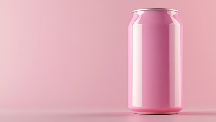 A bright pink aluminum can stands on a soft pink surface