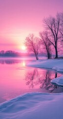 Pink winter sunrise over a frozen lake.  A serene landscape of snow-covered banks and a still, pink-hued lake reflecting the rising sun. Bare trees frame the scene
