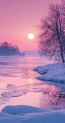 Winter sunrise over a frozen river, bathed in a vibrant pink and purple hue