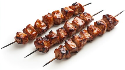 Three skewers of grilled, glazed meat