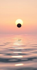 A serene sunset over a still water surface. A dark circle obscures part of the sun