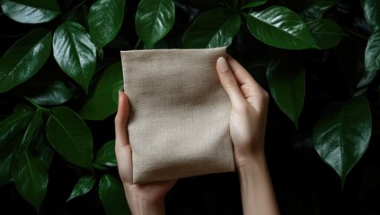 Hands hold a light beige cloth pouch against a backdrop of lush, dark green leaves