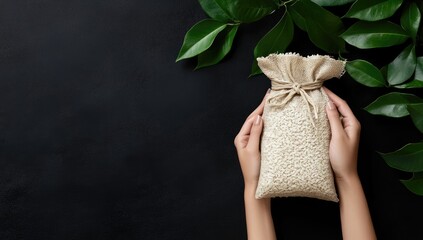 Hands holding a beige cloth sack, likely filled with grains, on a dark background with greenery