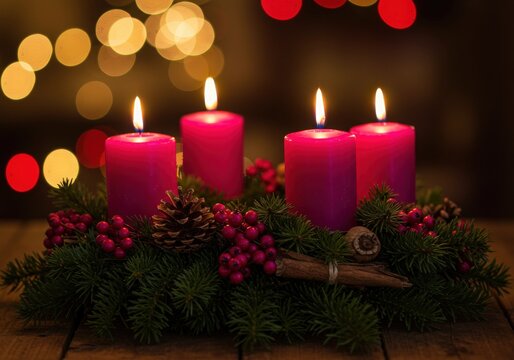 A festive advent wreath with four lit purple candles sits on a wooden table, surrounded by berries and pine cones