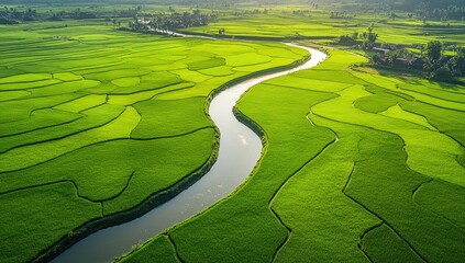 Lush green rice paddies, winding river