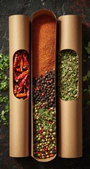 Three craft paper tubes hold different spice blends