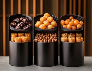 Three black cylindrical containers hold assorted sweet treats.  Dark chocolate-covered nuts,  golden-brown,  sweet,  crispy snacks, and sugared bits fill each section