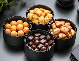 Four small black bowls filled with various snacks