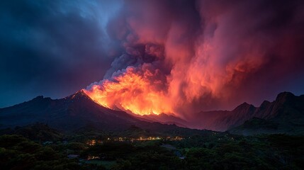 Fototapeta premium Fiery Eruption of Volcano at Dusk with Dramatic Cloud of Ash