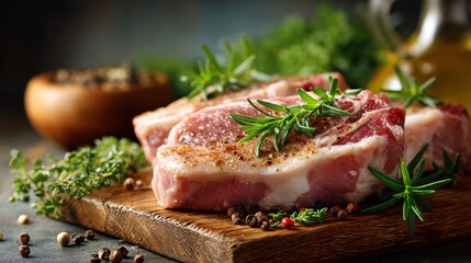 Fresh Raw Meat Chops with Herbs on Wooden Board for Cooking