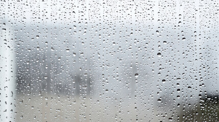Droplets of water on foggy glass create serene atmosphere during rainy day