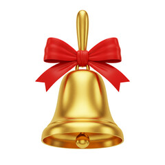 Golden bell with a red bow on a transparent background. The bell is shiny and reflective, and the bow is tied neatly.  Perfect for holiday or celebratory designs.