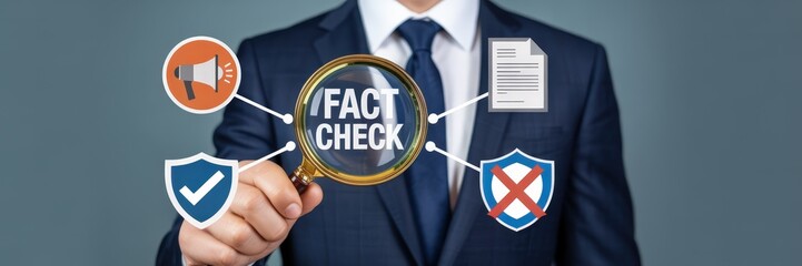 Businessperson holding a magnifying glass displaying a fact-checking concept.