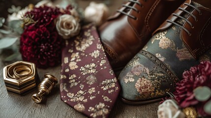 Elegant Dress Shoes and Floral Tie Surrounded by Decorative Flowers