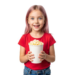 Happy young girl with pink hair holds a bucket of popcorn against a transparent background. She is smiling broadly, expressing excitement and joy. The image is brightly lit and cheerful.