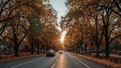 Fototapeta premium Autumn Central Park transverse road sunset, yellow cabs passing under golden canopy, realistic fall foliage textures.