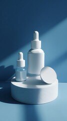 White cosmetic bottles on a white podium