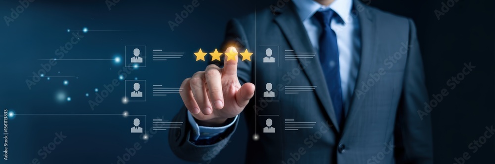 Poster businessman interacting with a digital interface displaying customer feedback.