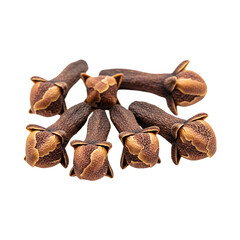 Close up of seven brown cloves arranged in a circular pattern against a black background. The cloves are dark brown with lighter brown textures, showing detail and depth.