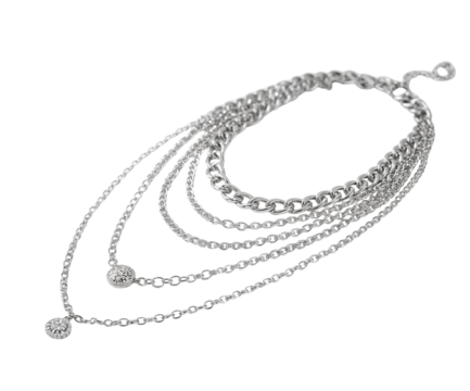 Elegant Silver Layered Chain Necklace with Delicate Diamond Pendants, a Luxurious Accessory Statement Piece on a Classic Neutral Backdrop
