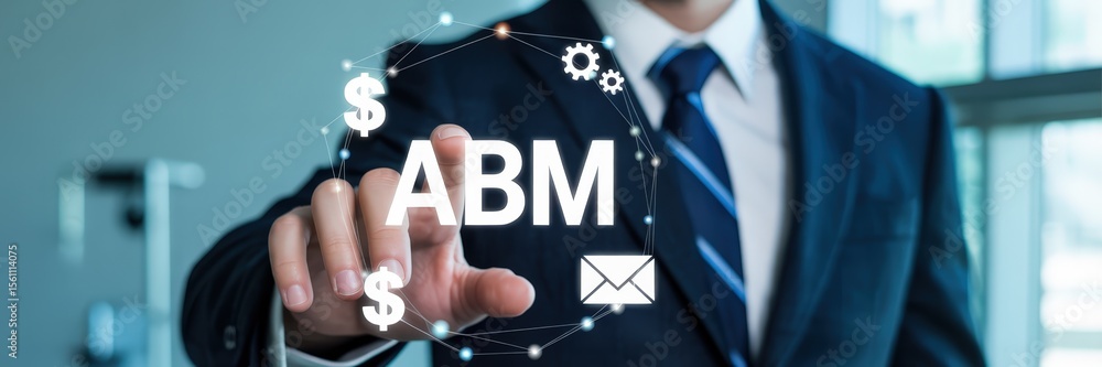 Aufkleber businessman interacting with an interactive display showing abm.