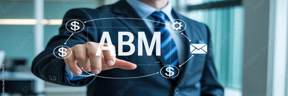 Poster businessperson interacting with an abstract display showing account management.