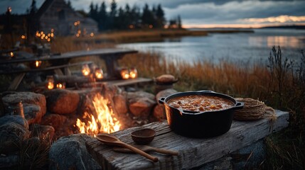 Cozy Outdoor Cooking with Pot over Fire at Dusk by the Water