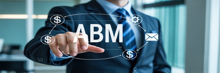 Businessperson interacting with an abstract display showing account management.