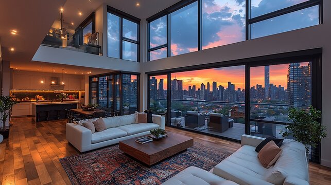 Modern penthouse living room with panoramic city views at sunset.  Open concept design showcasing a luxurious interior