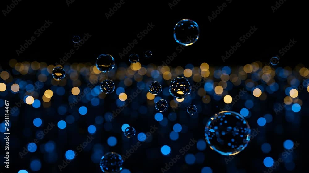 Canvas Prints floating soap bubbles with blue and gold bokeh lights on black background abstract